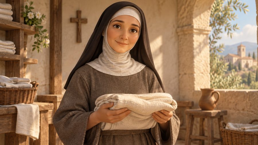 Klara av Assisi holder et sammenbrettet tøystykke i et enkelt kloster med varmt lys.