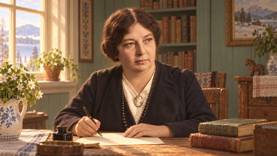 Sigrid Undset sitter ved et skrivebord med papir og penn, omgitt av bøker.