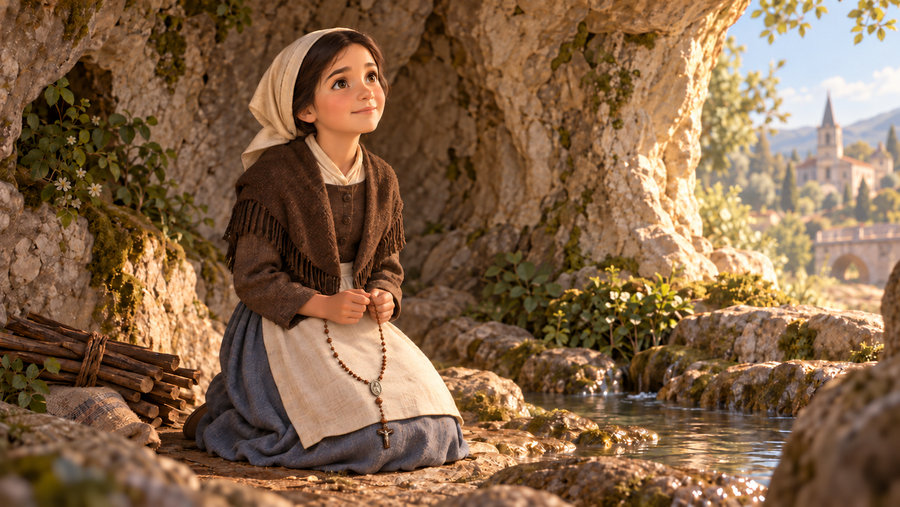 Bernadette holder en rosenkrans ved den stille grotten i Lourdes.