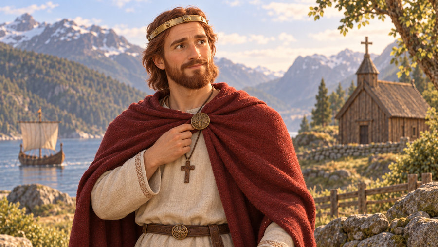 Olav står i kappe og kongekrone ved en norsk fjord. Bak ham ligger en enkel trekirke og et seilskip.