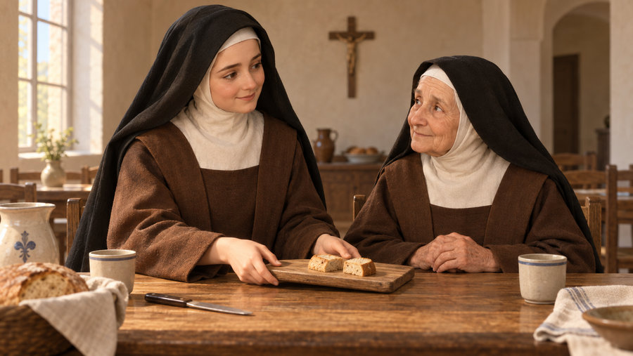 Thérèse av Lisieux hjelper en eldre klostersøster med brødet ved bordet.