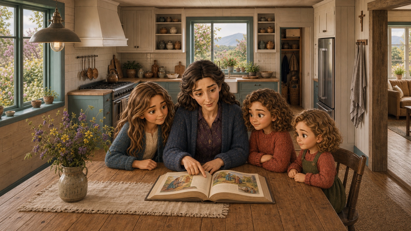 Mamma leser Bibelen sammen med Rita, Sunniva og Teresa rundt kjøkkenbordet i det hvite huset.