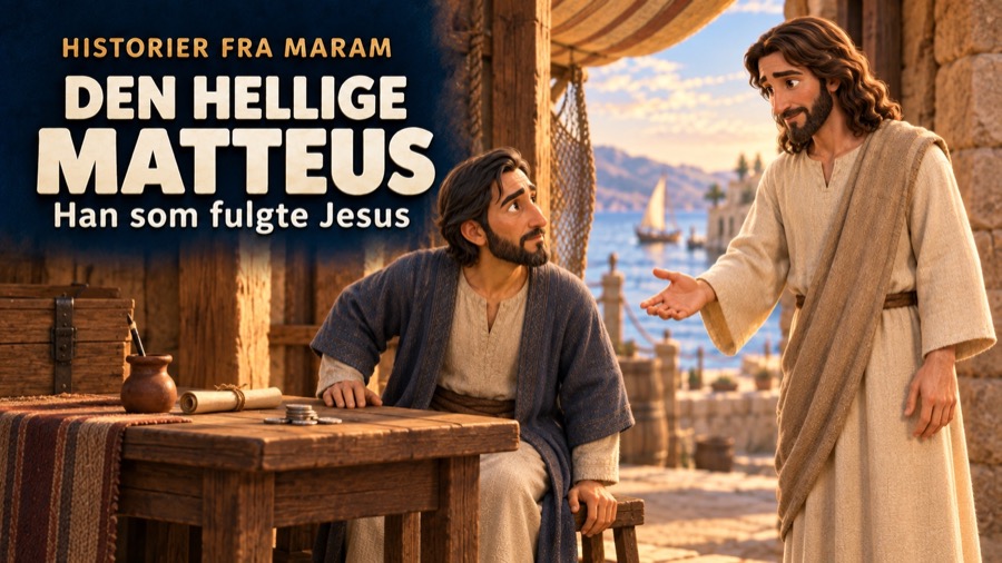 Jesus kaller Matteus, som reiser seg fra bordet ved tollboden.
